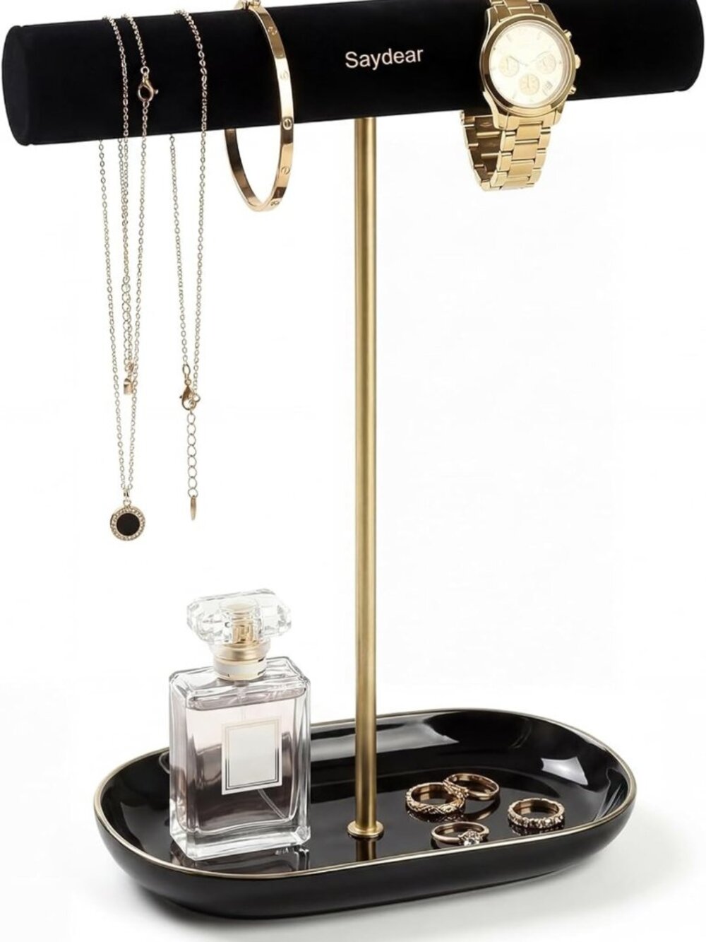 Luxurious Velvet Jewelry Organizer Stand - T-Bar Necklace Holder & Ring Dish